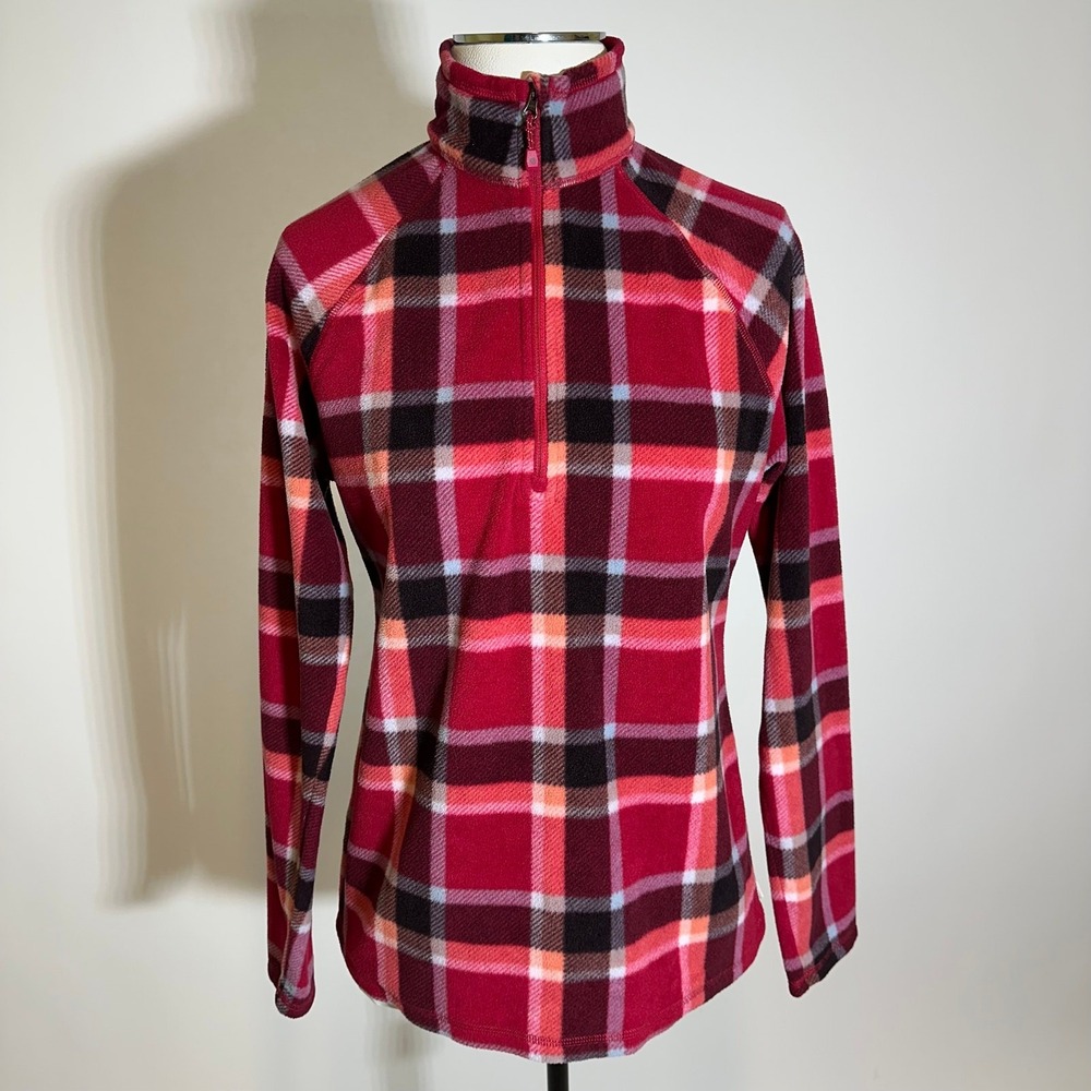 Eddie Bauer Red Plaid Half Zip Sweater Fleece Pullover Womens Size Small Winter
